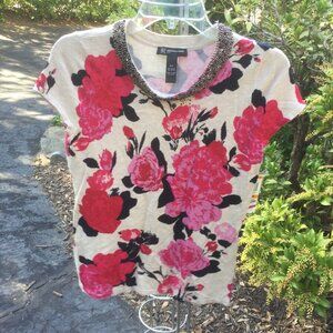INC Beaded Neck Cream to Gray Floral Pink Sweater